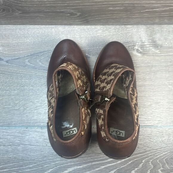 NWT Ugg Fatima Woven Brown Leather Women’s Sz 7 Elegant Platform Heeled Shoes - Picture 5 of 16